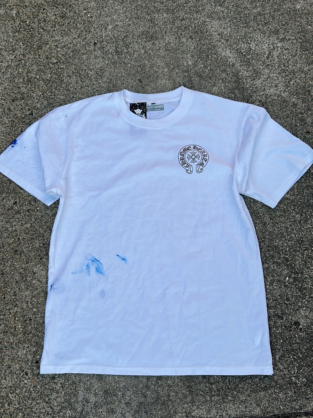 Chrome Hearts White Tee with Small Logo and Blue Paint Accents
